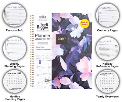 2026-2027 Overland Travelware 0.75" x 9.25" Calendar Year Weekly & Monthly Planner, Paperboard Cover, Black Floral (90688)