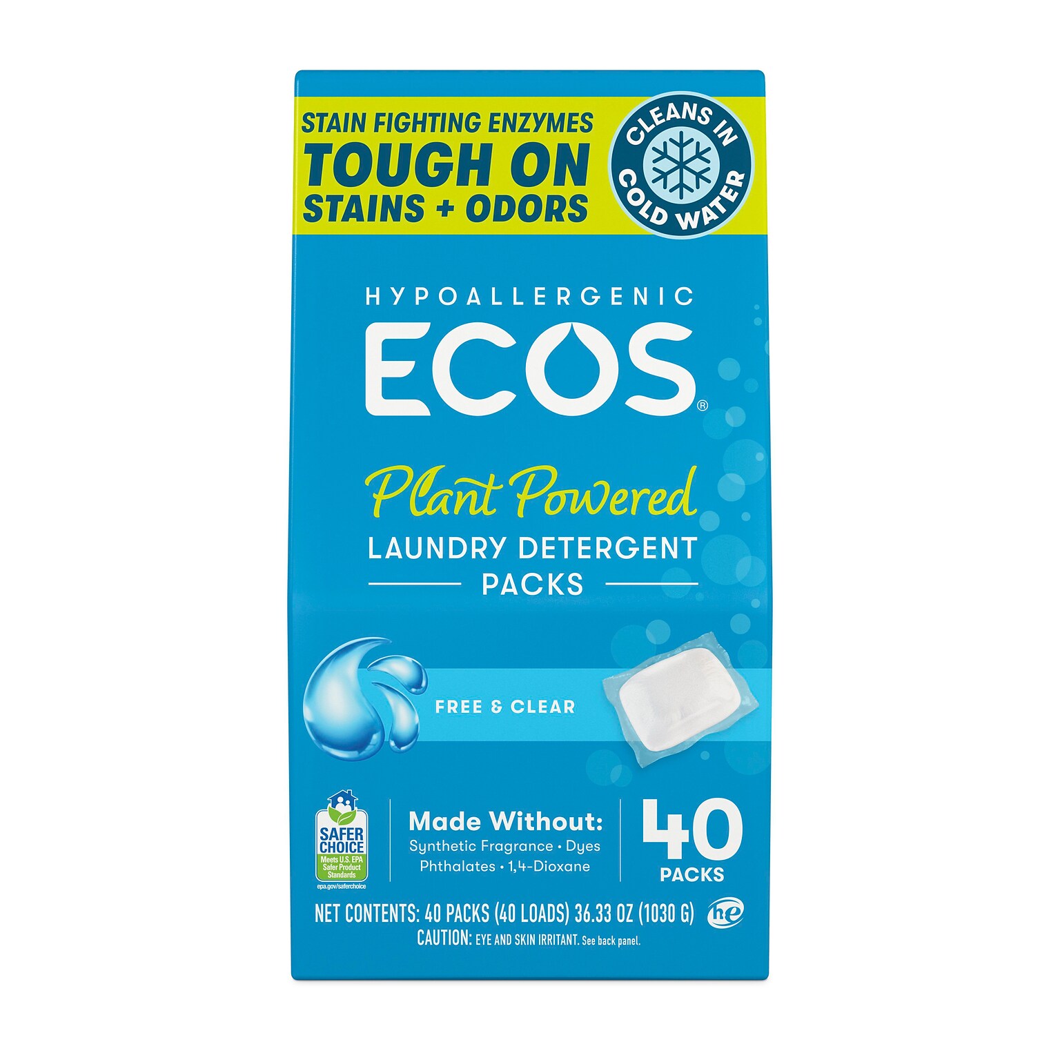 ECOS Laundry Detergent Packs with Enzymes, Free & Clear, 40/Pack (9637/06)