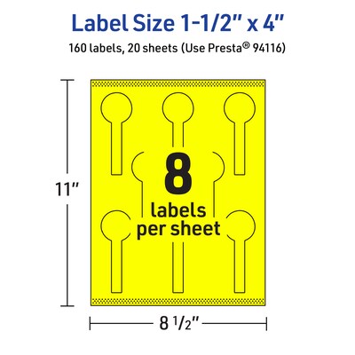Avery Lollipop Laser/Inkjet Multipurpose Labels, 1.5" x 4", Neon Yellow (160/Pack)