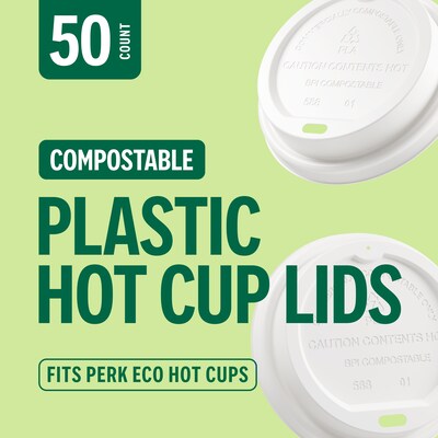 Perk™ Eco Compostable Plastic Hot Cup Lid, 10/12/16 Oz., White, 50/Pack (PK56218)