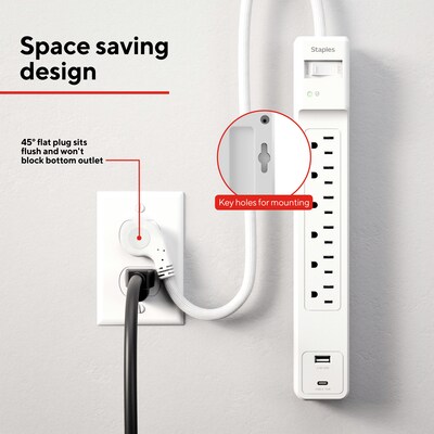Staples TECH 6-Outlet 2-USB Port Surge Protector, 6', 1800 Joules, White (ST62777)