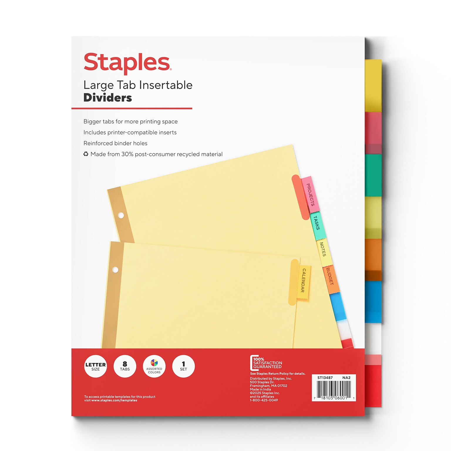 Staples Large Tab Insertable Paper Dividers, Assorted Colors, 8-Tabs (13487/11111)