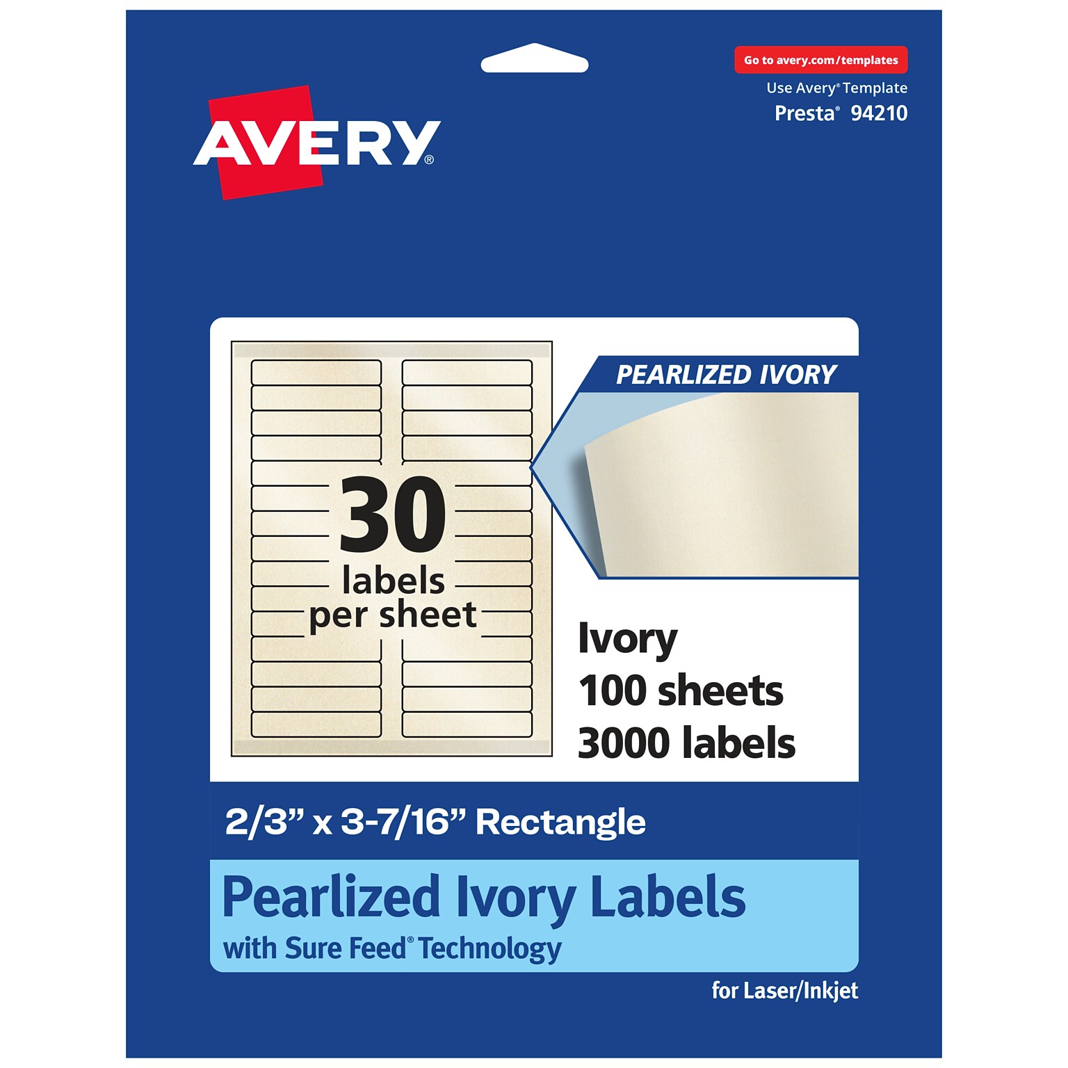 Avery Pearlized Ivory Rectangle Multipurpose Labels, 2/3 x 3-7/16, Ivory, 3000/Box (94210)