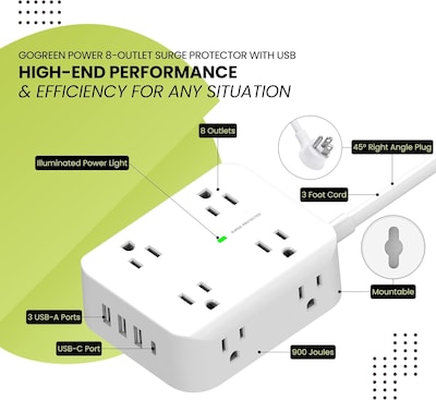 Power by GoGreen 8-Outlet 4-USB Port Surge Protector, 3', 900 Joules, White (GG-833A1C)