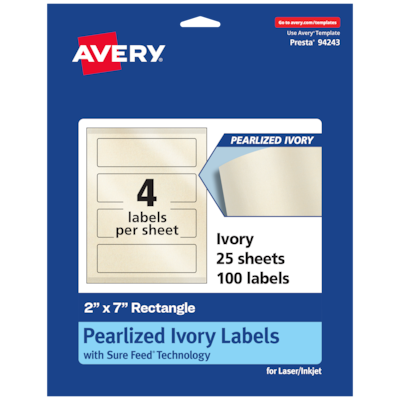 Avery Pearlized Ivory Rectangle Multipurpose Labels, 2 x 7, Ivory, 100/Pack (94243)