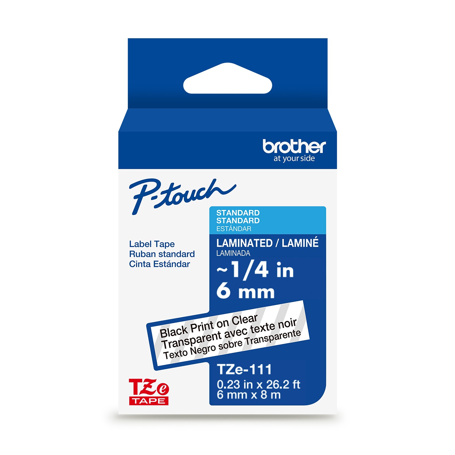 Brother P-touch Laminated Label Tape, 1/4 x 26.2, Black on Clear (TZe111)