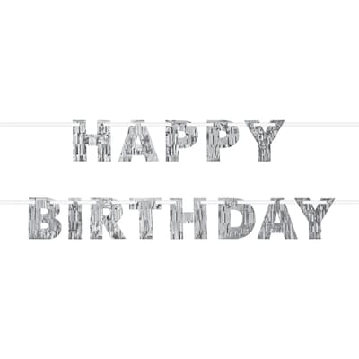 Party City Happy Birthday Fringe Letter Banner, Metallic Silver, 2/Pack (AM120894-NS)