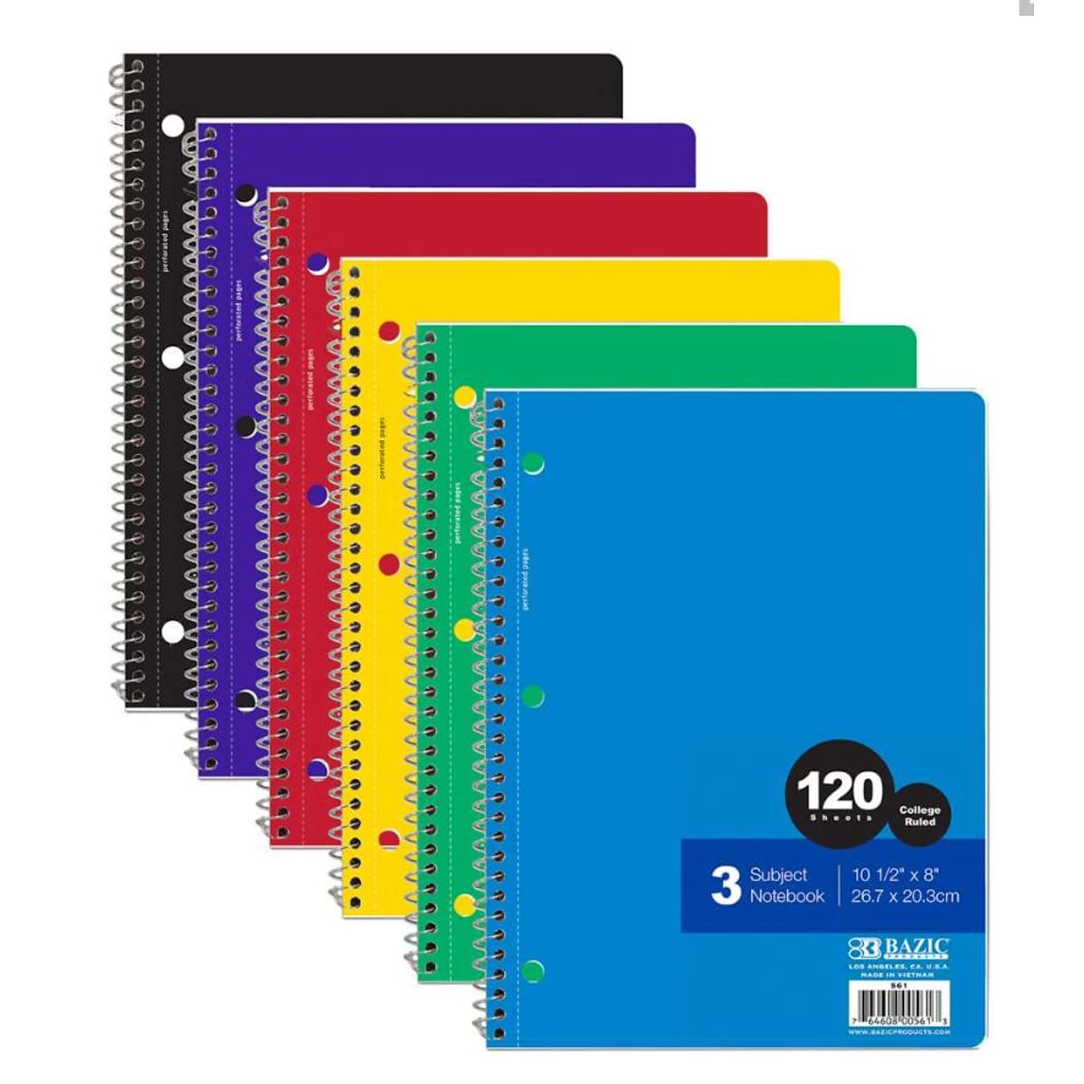 Bazic DDI 3-Subject Notebooks, College Ruled, 120 Sheets, White (BAZ561)