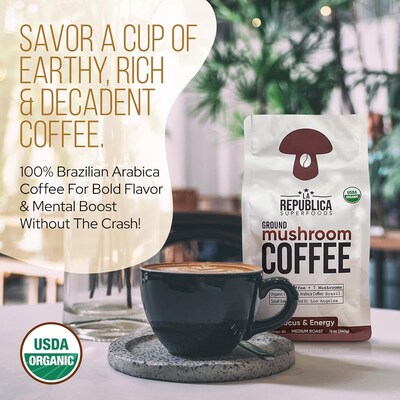 La Republica Organic Ground Superfood Mushroom Coffee, Fair Trade Arabica Coffee, Medium Roast, 60 S