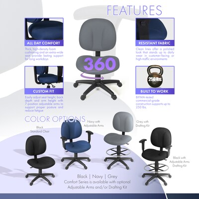 Regency Comfort Series Armless Ergonomic Fabric Swivel Task Chair, Grey (105-GY)