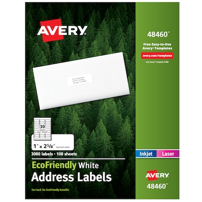 Avery EcoFriendly Laser/Inkjet Address Labels, 1 x 2-5/8, White, 3,000 Labels/Box (48460)