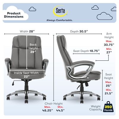 Serta Fairbanks Ergonomic Bonded Leather Executive Big & Tall Chair, 350 lb. Capacity, Gray (43675B)