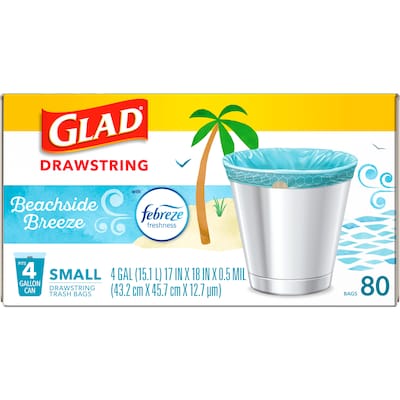 Glad 4 Gallon Drawstring Kitchen Trash Bags, Febreze Freshness Beachside Breeze Scent, Blue, 80/Box (79155)