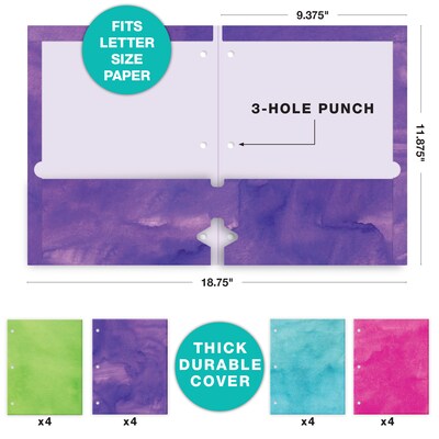 Global Printed Products Watercolor Solids 3-Hole Punched 2 Pocket Presentation Folder, Assorted Colors, 16/Pack (GPP-0100-F)