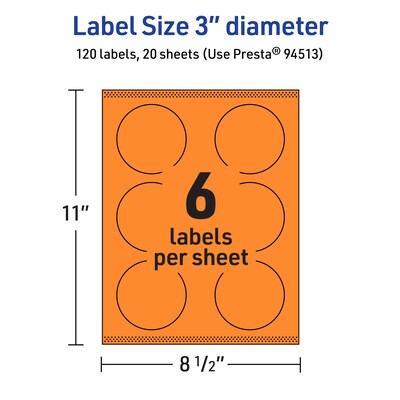 Avery Laser/Inkjet Multipurpose Circle Labels, 3" Dia., Bright Orange, 120/Pack (94513)