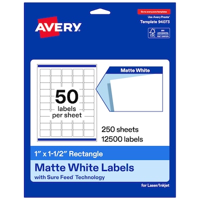 Avery Rectangle Laser/Inkjet Multipurpose Labels, White, 50 Labels/Sheet, 250 Sheets/Pack (19479311274)