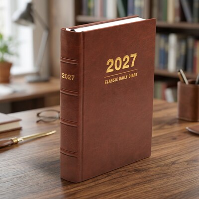 2027 Excello Brands 7.3" x 8.5" Daily Standard Planner, Paperboard Cover, Brown Leather (CD68-CY27-BN-L)