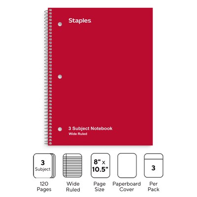 Staples 3-Subject Notebook, 8" x 10.5", Wide Ruled, 120 Sheets, Assorted Colors, 3/Pack (TR11669)