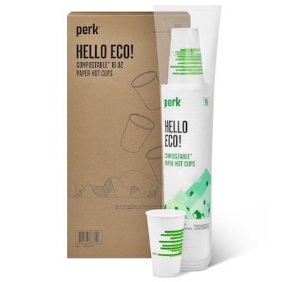 Perk™ Compostable Paper Hot Cup, 16 Oz., White/Green, 300/Carton (PK56221)