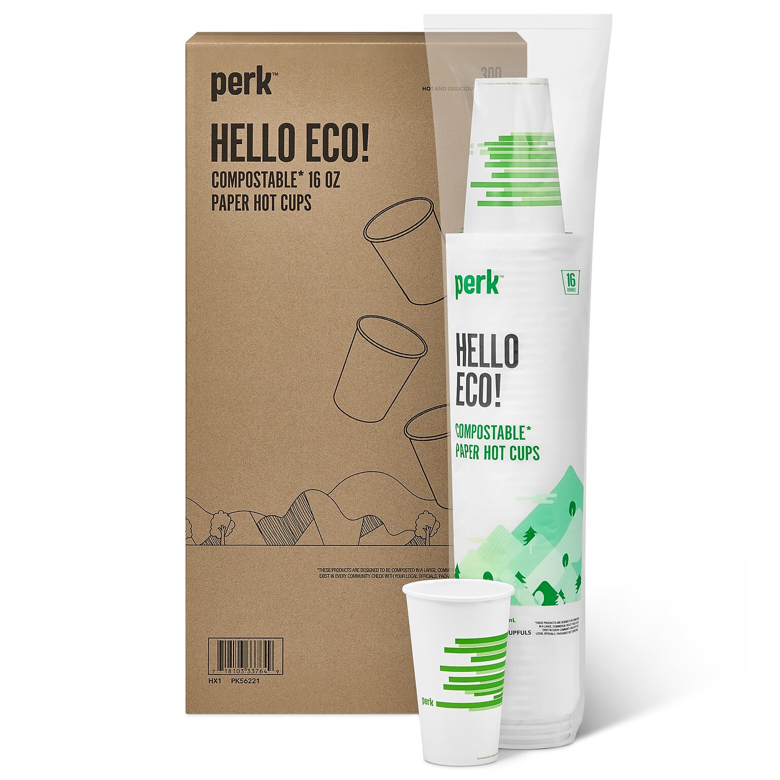Perk™ Eco Compostable Paper Hot Cup, 16 Oz., White/Green, 300/Carton (PK56221)