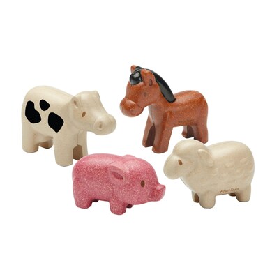 Plan Toys Wooden Farm Animals Playset, Multicolored, 4/Pack (PTS6127)