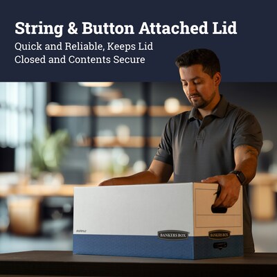 Bankers Box Heavy-Duty Corrugated File Storage Boxes, String & Button, Legal Size, White/Blue, 12/Carton (00012)