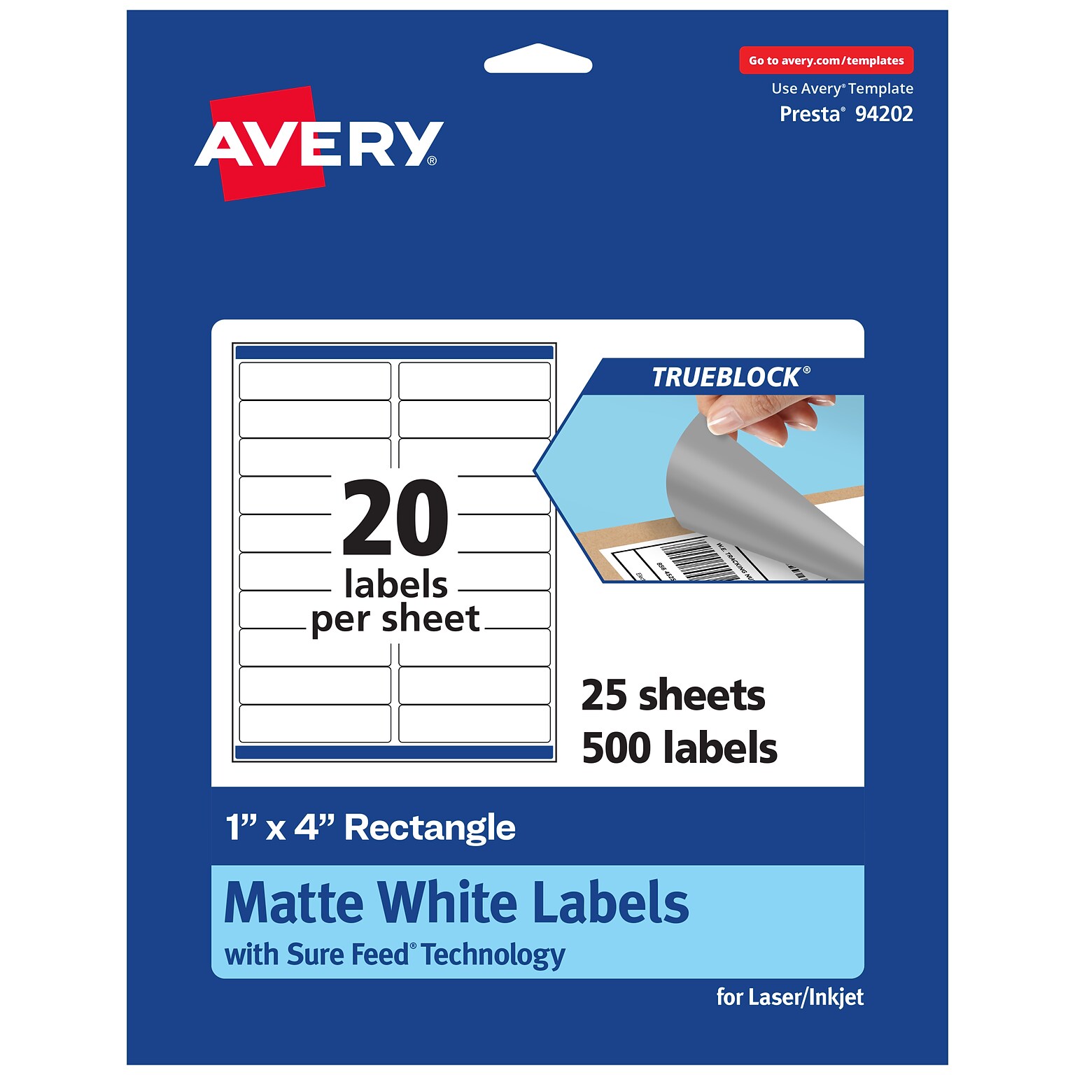 Avery TrueBlock Laser/Inkjet Rectangle Multipurpose Labels, 1 x 4, White, 500/Pack (94202)