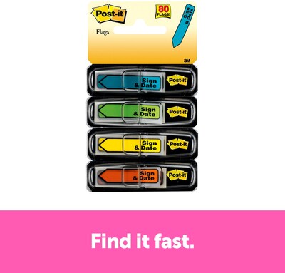 Post-it® 'Sign and Date' Message Flags, 0.47" Wide, Assorted Colors, 80 Flags/Pack (684-SD)