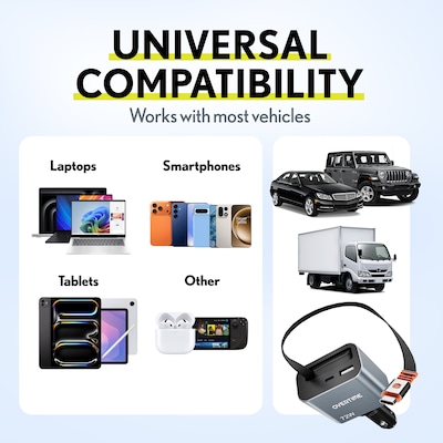 Overtime A50 72W USB-C and USB-A Car Charger with 2 ft Retractable USB-C Cable, Black (OCA50BK)