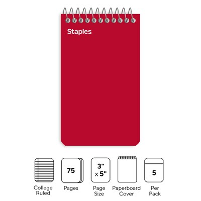 Staples Memo Pads, 3 x 5, College Ruled, Assorted Colors, 75 Sheets/Pad, 5 Pads/Pack (TR11491)