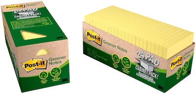 Post-it Recycled Notes, 3 x 3, Canary Collection, 75 Sheet/Pad, 24 Pads/Pack (654R24CPCY)