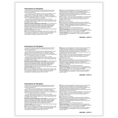 ComplyRight 2024 1099-NEC Tax Form, 1-Part, 3-Up, Copy B, 100/Pack (NEC5159)