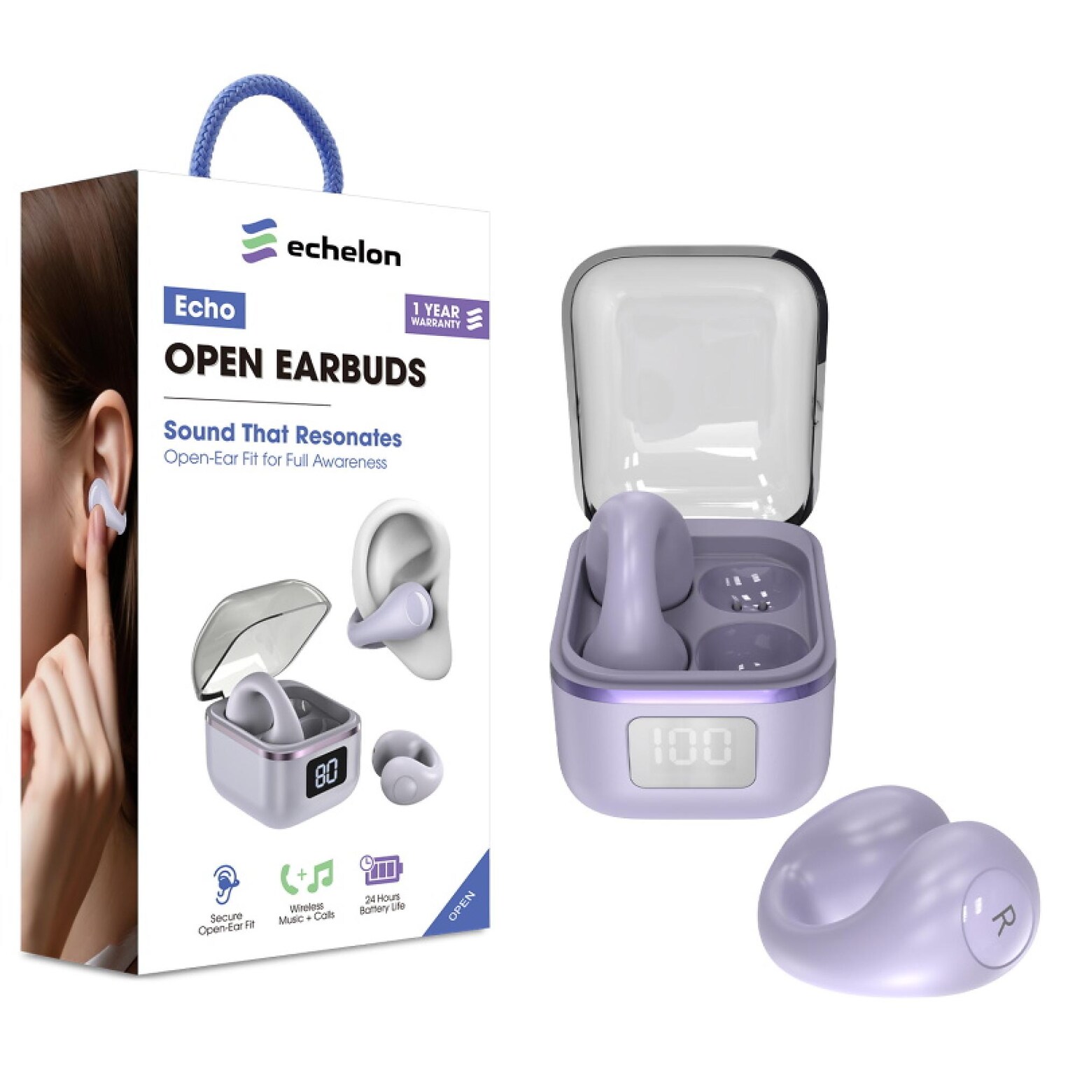 echelon Echo Open Earbuds True Wireless Open-Ear Clip-On Design, IPX5 Water Resistant Purple