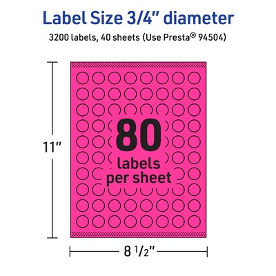 Avery Laser/Inkjet Round Multipurpose Labels, Neon Magenta, 80 Labels/Sheet, 40 Sheets/Pack (94504-NMP40)