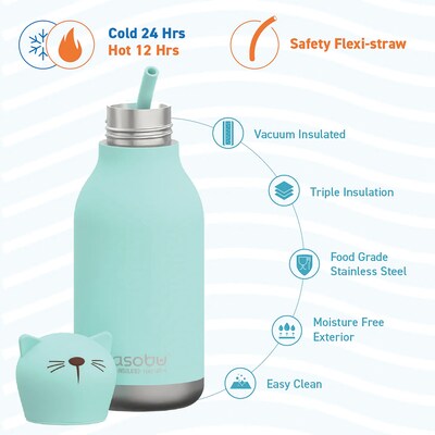 ASOBU Bestie Bottle Kitty Vacuum Insulated Stainless Steel Water Bottle with Reusable Flexi Straw, 1