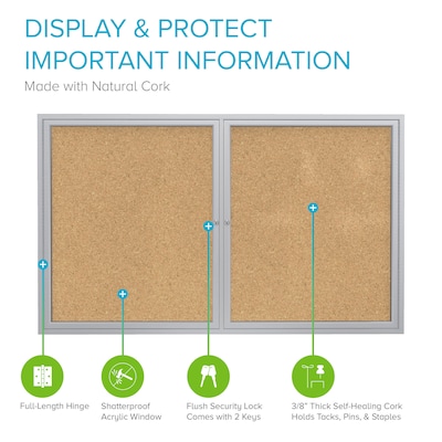 Ghent 2 Door Enclosed Natural Cork Bulletin Board, Satin Aluminum Frame, 4H x 5W, (GHEPA24860K)
