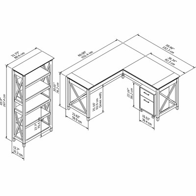 Bush Furniture Key West 60"W L Shaped Desk with 2 Drawer Mobile File Cabinet and 5 Shelf Bookcase, Pure White Oak (KWS016WT)