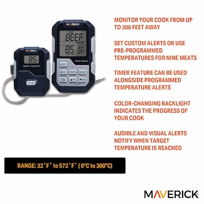 Maverick Stainless Steel Long-Range Wireless Remote Cooking Thermometer with Single Probe, Black (HD-322)