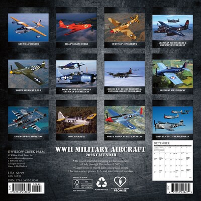 2026 Willow Creek WWII Military Aircraft 7 x 7 Monthly Wall Calendar (53850)