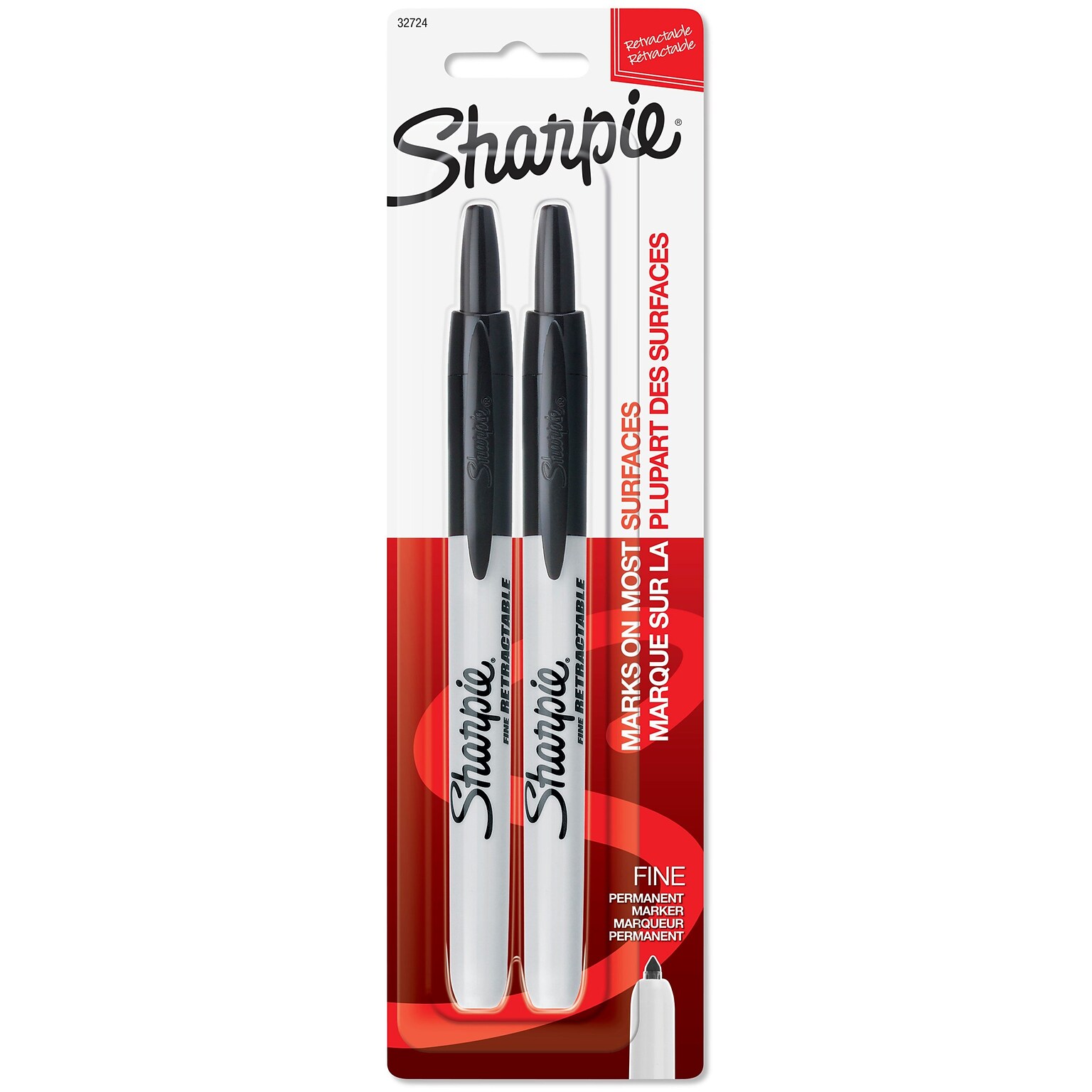 Sharpie Retractable Permanent Markers, Fine Tip, Black, 2/Pack (32724)