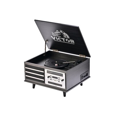 Victor Monroe Retro 8-in-1 Turntable Record Player and Entertainment Center with Bluetooth and Built in Speakers, Graphite