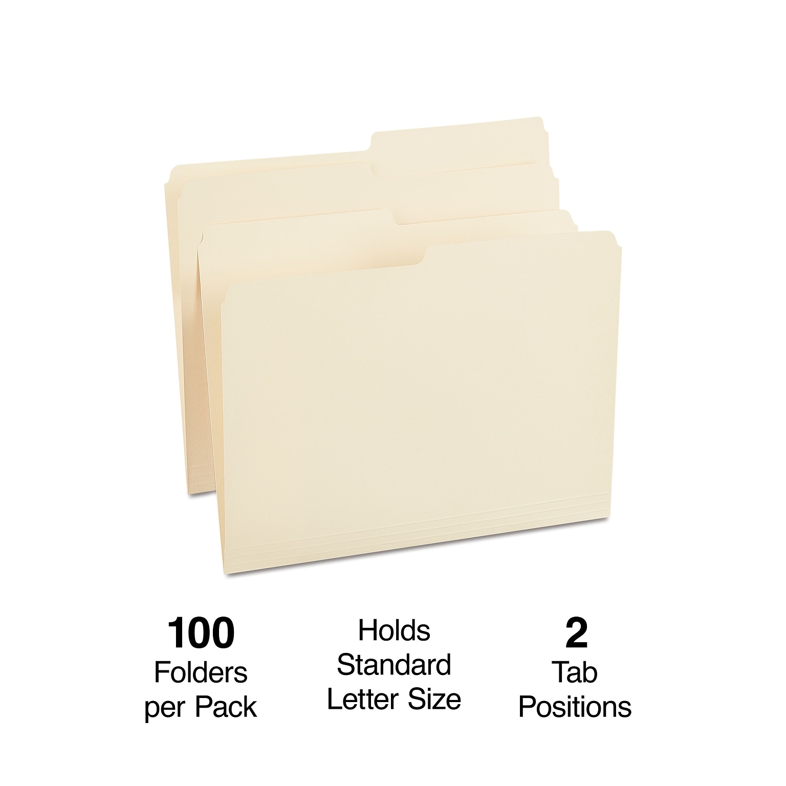 Staples Manila File Folders, Letter Size, 2-Tab Assorted Positions, Durable Paper Stock, 100/Box