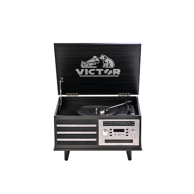 Victor Monroe Retro 8-in-1 Turntable Record Player and Entertainment Center with Bluetooth and Built in Speakers, Graphite