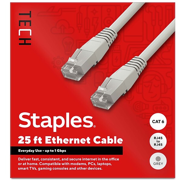 とと Staples TECH 25 ft. Cat-6 Ethernet Cable, Male to Male, Gray