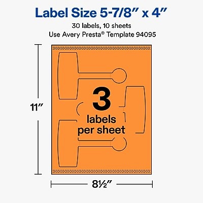 Avery Laser/Inkjet Multipurpose Labels, 5-7/8" x 4", Bright Orange, 30 Labels/Pack (19479370792)