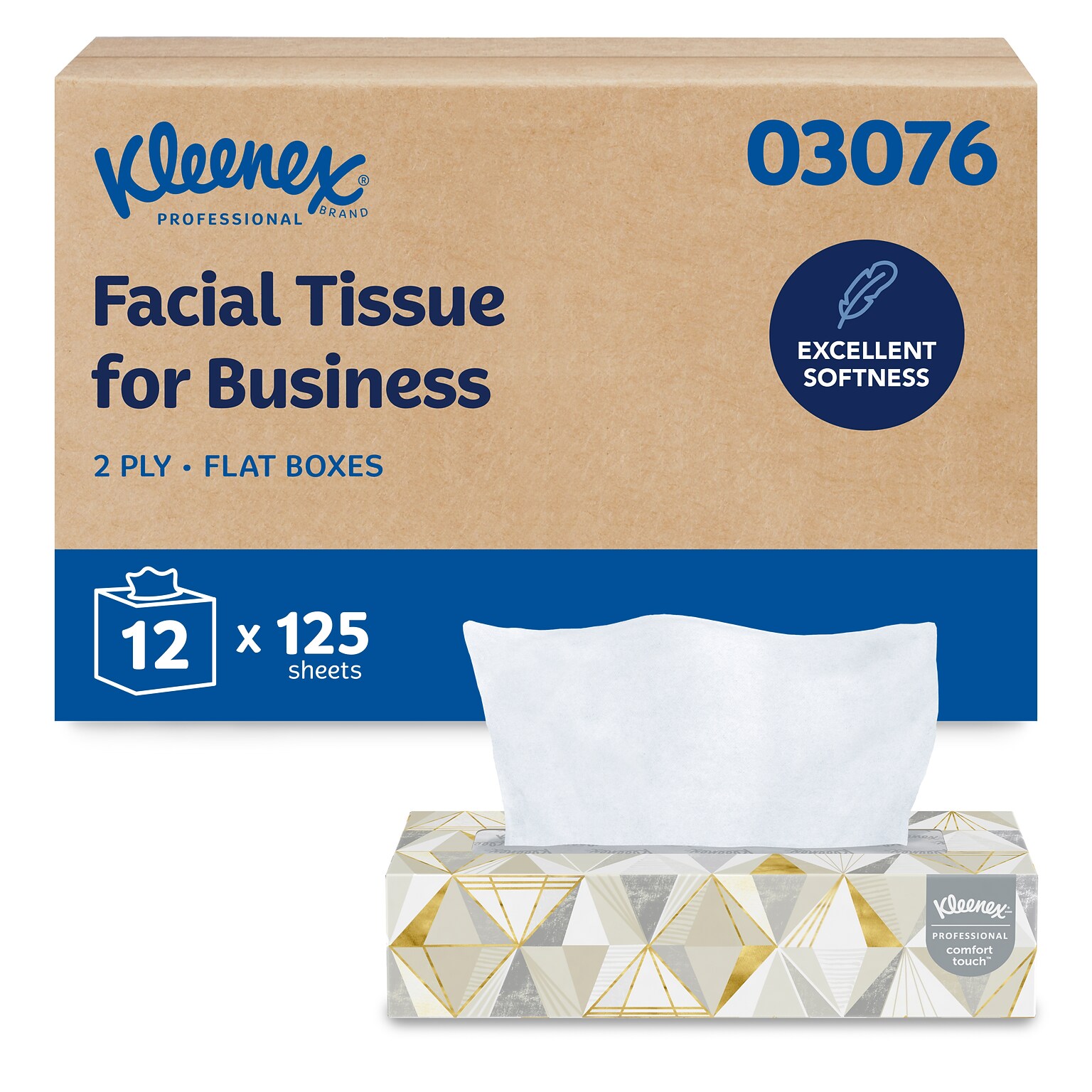 Kleenex Professional Facial Tissue, 2-Ply, White, 125 Tissues/Box, 12 Boxes/Carton (03076)