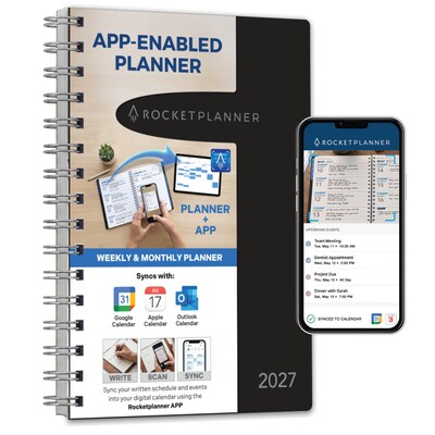 2027 Rocketbook Rocketplanner 6 x 8 Calendar Year Weekly & Monthly Planner, Plastic Cover (RKPL-CY27-5-BK)