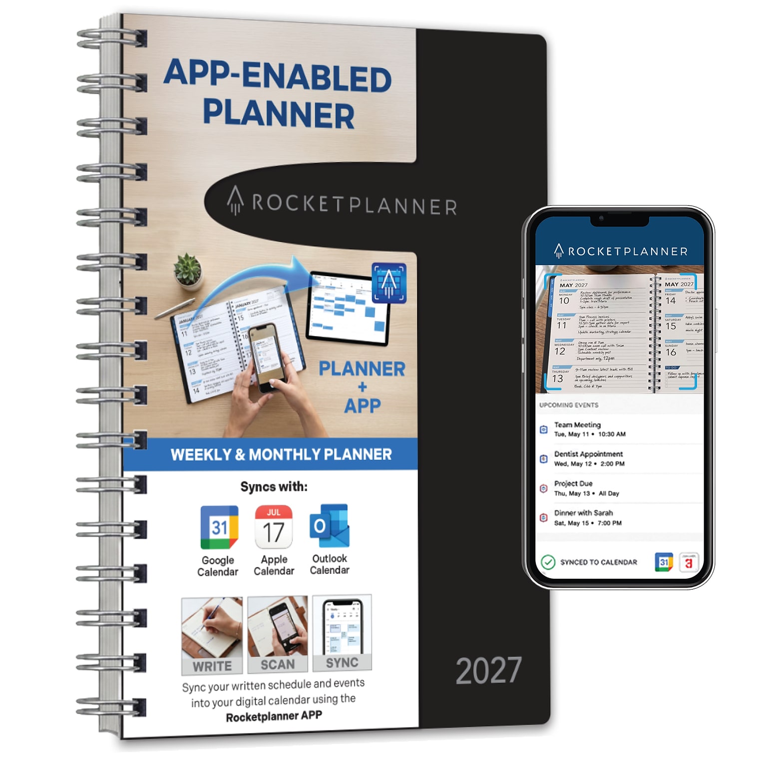 2027 Rocketbook Rocketplanner 6 x 8 Calendar Year Weekly & Monthly Planner, Plastic Cover (RKPL-CY27-5-BK)