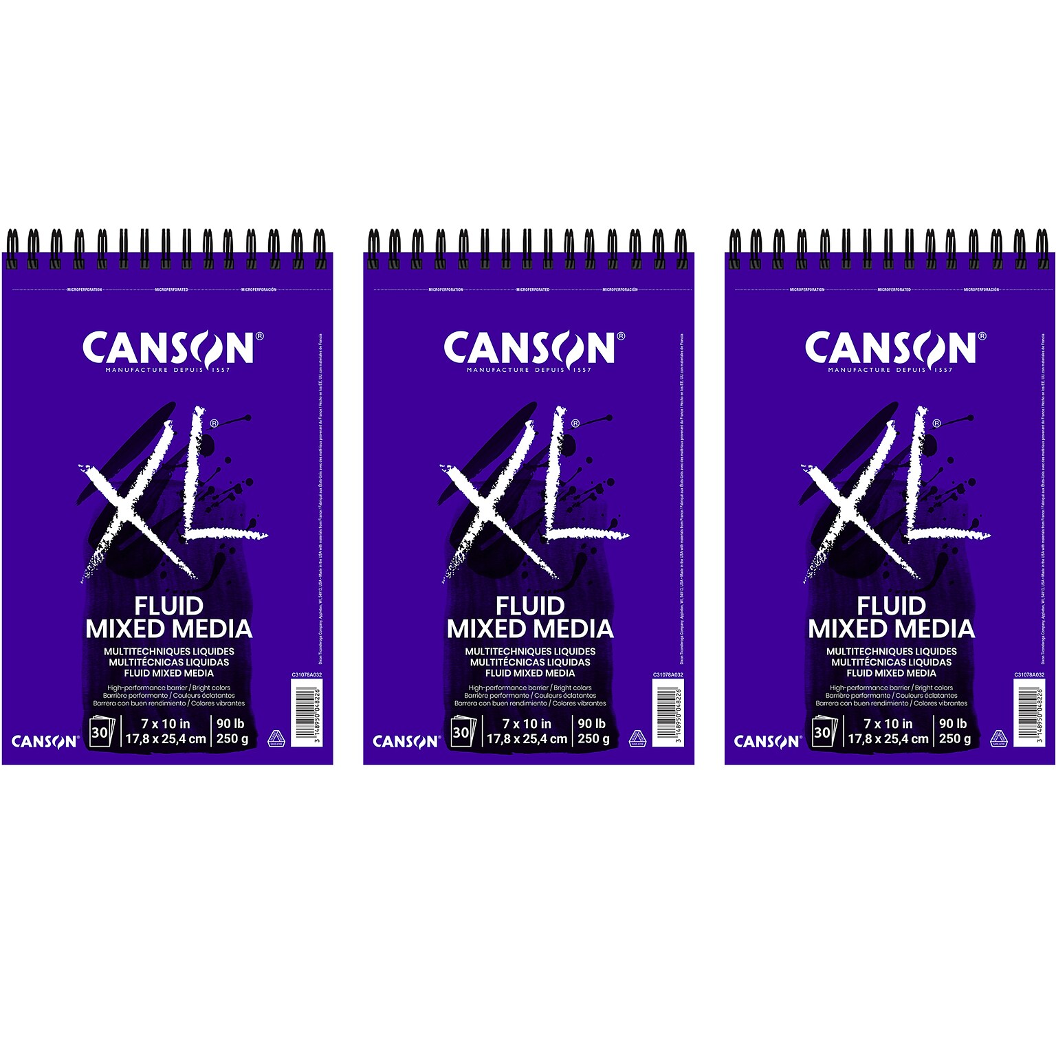 Canson XL Series 7 x 10 Wire Bound Mixed Media Sketch Pad, 30 Sheets/Pad, 3/Bundle (MCXC31078A032-3)