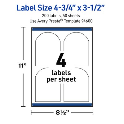 Avery Waterproof Arched Laser Multipurpose Labels, 4.75" x 3.5", White, 200/Box (19479399150)
